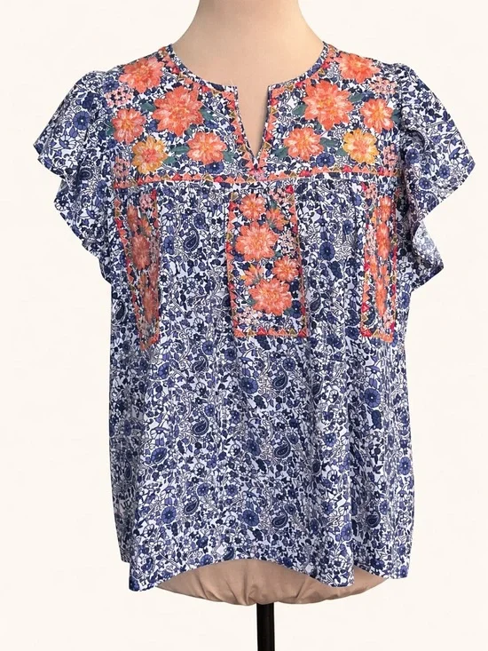 THML Floral Embroidered Blouse Boho Flutter Sleeve Blue M NWT - Picture 2 of 9